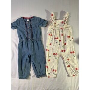 Carters Baby Girl 12M Denim Embroidered Jumpsuit & Cherry Print Romper Set of 2